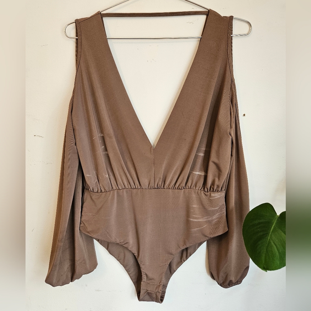 Brown Asymmetrical Backless Long Sleeve Bodysuit